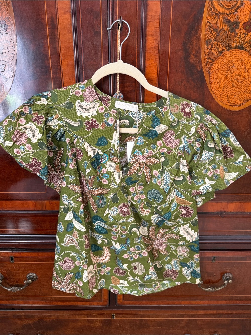 Ulla Johnson NWT 00 Green Floral Puff Sleeve Top